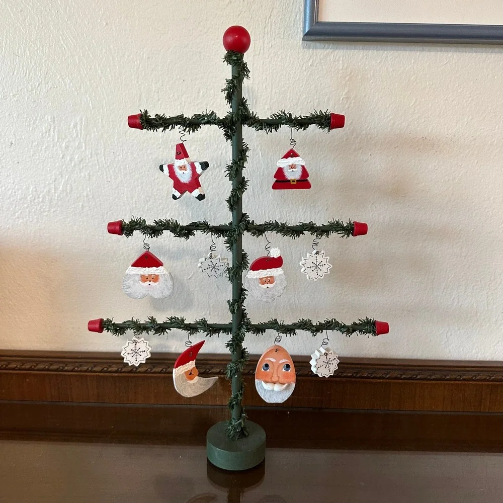 Vintage Wooden Christmas Feather Tree Tabletop Display with Santa Ornaments 17''